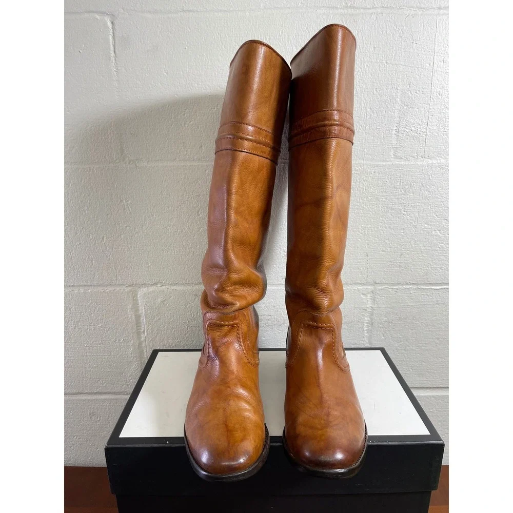 Frye Melissa 76442 Trapunto Brown Leather Tall Riding Boots Pull On Women 7.5 B